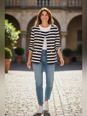 J.Crew Navy White Stripe Gold Button Cardigan Sweater XL